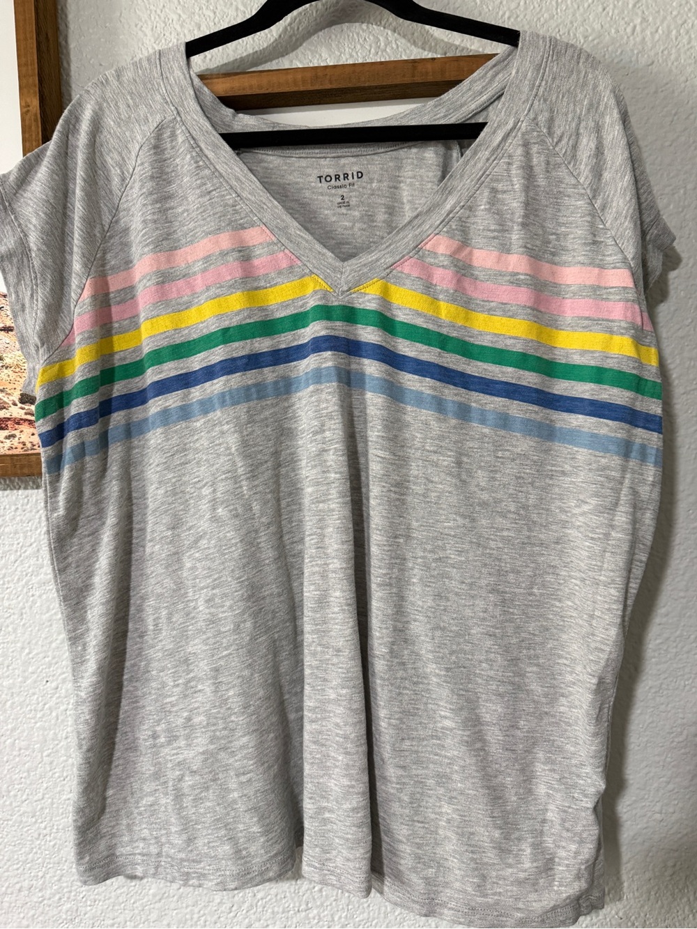 Torrid 2X Gray Rainbow Stripe Retro V-Neck Tee Classic Fit